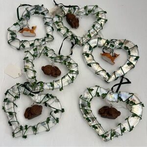 Heart-Shaped Glass Christmas Ornaments Animal Figures Deer and Bunny Set of 6